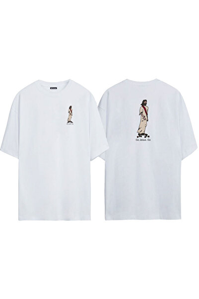 THEWERT Λευκό μπλουζάκι Unisex Jesus On A Skateboard Oversize - εμπρός και πί...
