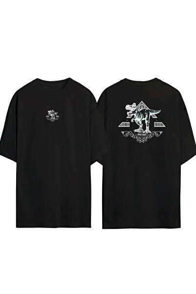 THEWERT Tricou supradimensionat negru cu imprimeu unisex cu ilustrație de din...