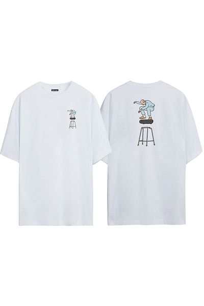 THEWERT Unisex Man With Cane Skateboard Μπροστά πίσω με στάμπα λευκό μπλουζάκι Oversize