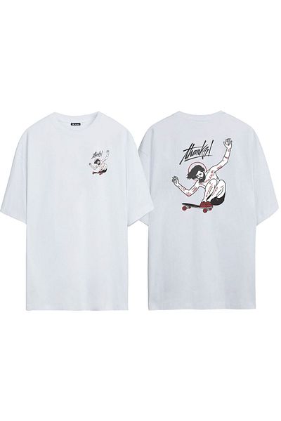 THEWERT Unisex Thanks Skateboard Μπροστά πίσω με στάμπα λευκό μπλουζάκι Oversize