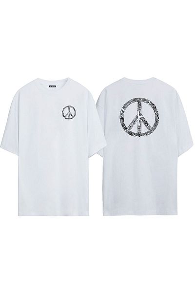 THEWERT Unisex Peaceful Symbol Μπροστά πίσω με στάμπα λευκό μπλουζάκι Oversize