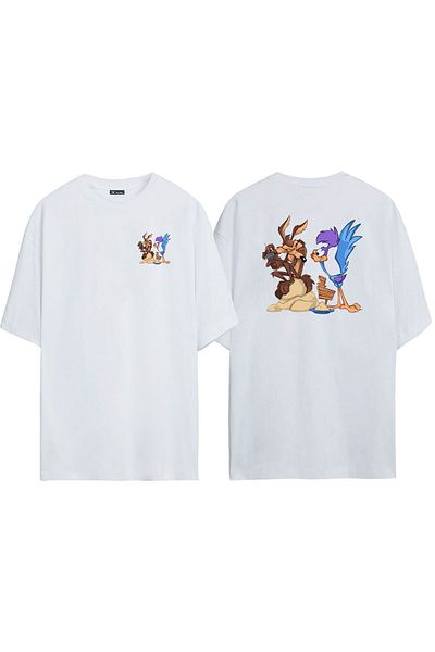 THEWERT Unisex Roadrunner And Wile εμπρός και πίσω με στάμπα λευκό μπλουζάκι Oversize