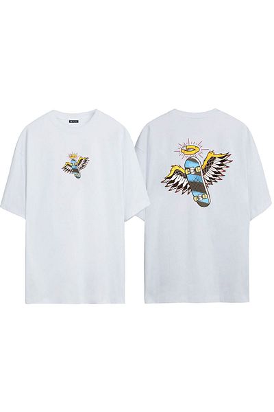 THEWERT Unisex Angel Skateboard Μπροστά πίσω με στάμπα λευκό μπλουζάκι Oversize