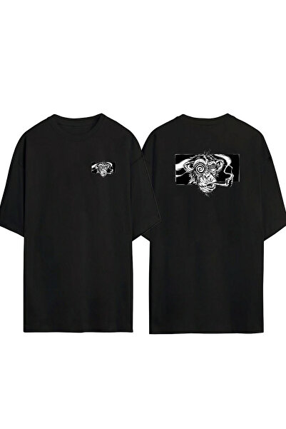 THEWERT تي شيرت أسود كبير الحجم مطبوع عليه قرد يشرب الأنابيب من الأمام والخلف...