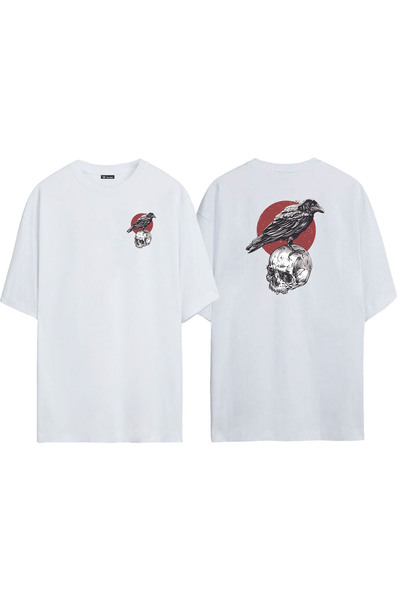 THEWERT Bela Oversize kroj T-shirt - Vran i lobanja spreda i pozadi Štampano,...