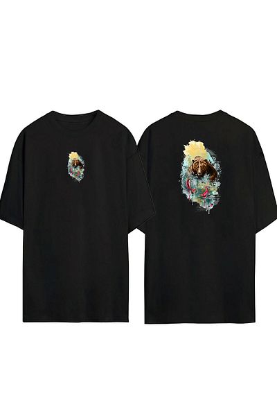 THEWERT Unisex Brown Bear Catch Fish Illustration Μπροστά πίσω εμπριμέ μαύρο μπλουζάκι υπερμεγέθους