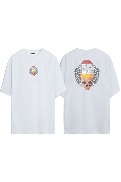 THEWERT Λευκό Oversize Unisex Skull Pencil T-shirt - εμπρός και πίσω με στάμπα