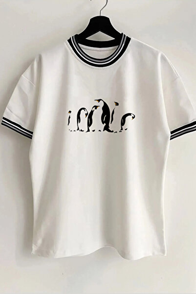 Vordevia Tricou unisex oversize alb cu guler și mâneci imprimate Pinguin