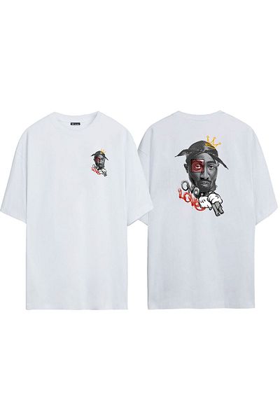 THEWERT Unisex Tupac One Love εμπρός και πίσω με στάμπα λευκό μπλουζάκι Oversize