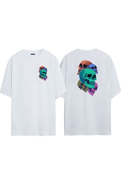 THEWERT Λευκό Oversize Unisex T-shirt - Έγχρωμο στάμπα κρανίου
