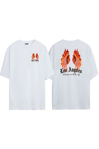 THEWERT Tricou alb oversize cu imprimeu unisex Los Angeles, Îngerii vin în oraș