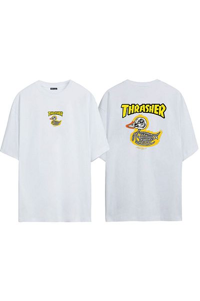 THEWERT Unisex Thrasher εμπρός και πίσω με στάμπα λευκό μπλουζάκι Oversize