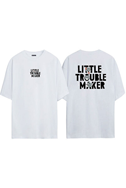 THEWERT Unisex Little Trouble Maker Μπροστά πίσω με στάμπα λευκό μπλουζάκι Oversize
