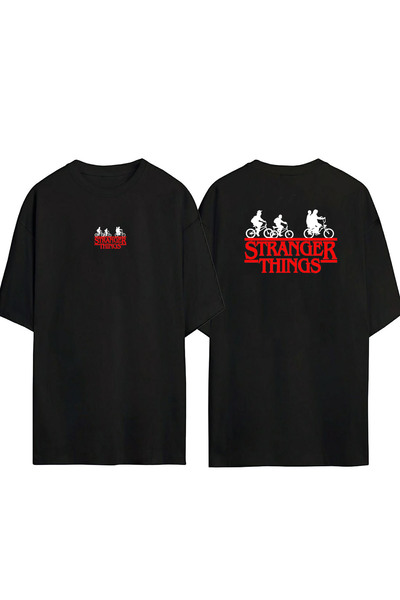 THEWERT Tricou negru supradimensionat cu imprimeu Stranger Things, unisex, în față, în spate