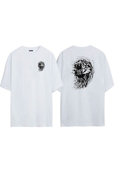 THEWERT Unisex Wildcat Roar Tiger Illustration Μπροστά πίσω Τυπωμένο λευκό μπλουζάκι Oversize