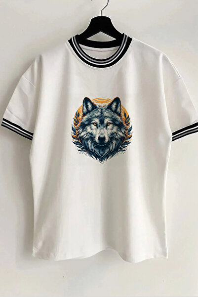 Vordevia Tricou unisex supradimensionat, cu guler și mâneci, cu imprimeu Wolf...