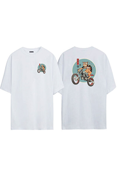 THEWERT Tricou alb oversize cu imprimeu unisex Motor Cat Fata Spate