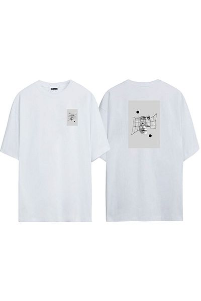 THEWERT Tricou supradimensionat alb cu imprimeu unisex cu mecanizare adâncă față în spate