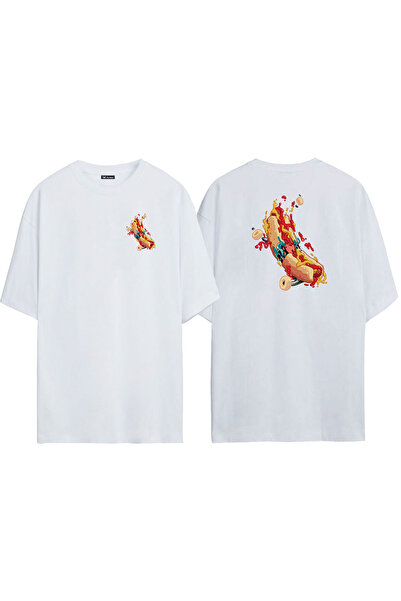 THEWERT تي شيرت أبيض كبير الحجم مطبوع عليه هوت دوج سكيت من الأمام والخلف للجنسين