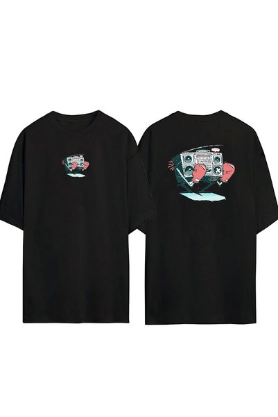 THEWERT Unisex bokser radio prednji zadnji Štampano crni Oversize kroj T-shirt