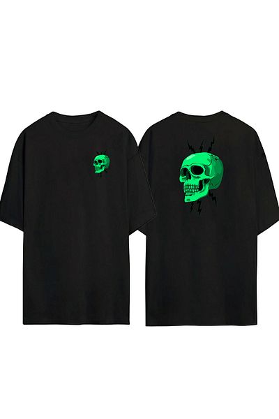 THEWERT Tricou negru oversize unisex cu imprimeu verde craniu și fulgere