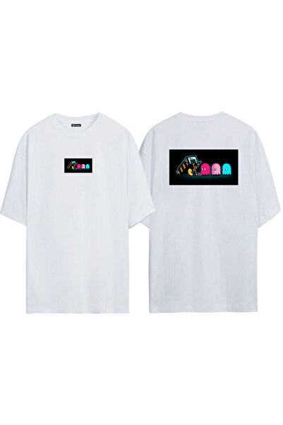 THEWERT Unisex Pacman igra Prednja Stražnja Štampano Bela Oversize kroj T-shirt
