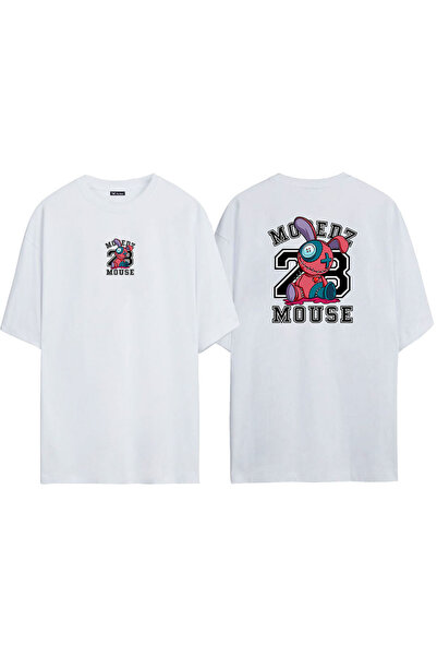 THEWERT Unisex miš 8 Rabbit prednji zadnji Štampano beli Oversize kroj T-shirt
