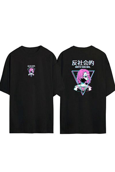 THEWERT Tricou negru supradimensionat cu imprimeu unisex cu caracter de anime antisocial față spate