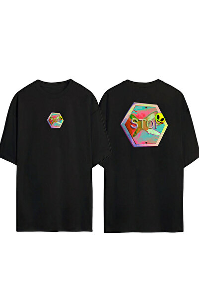 THEWERT Unisex znak stopa prednji zadnji Štampano crni Oversize kroj T-shirt