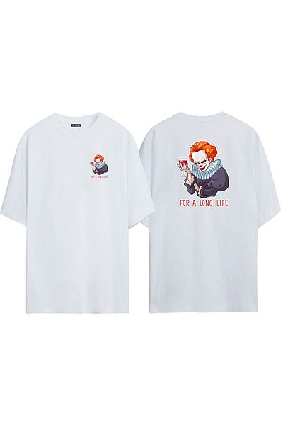 THEWERT Unisex Clown For A Long Life Μπροστά πίσω με στάμπα λευκό μπλουζάκι Oversize