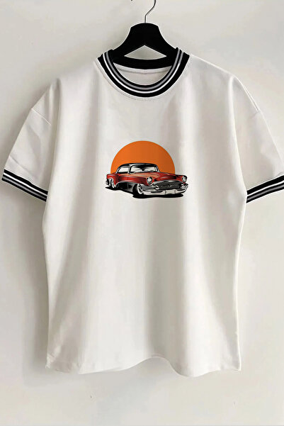 Vordevia تي شيرت أبيض كبير الحجم مطبوع عليه سيارة كلاسيكية للموسم الجديد بياق...