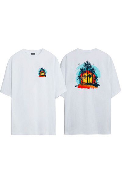 THEWERT Ilustrație unisex cu palmieri Fața Spate Tricou alb supradimensionat imprimat