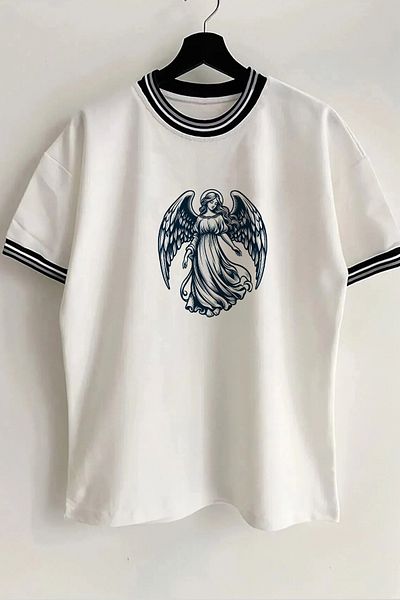 Vordevia Tricou unisex supradimensionat alb cu nervuri cu imprimeu înger, guler și mâneci de sezon nou