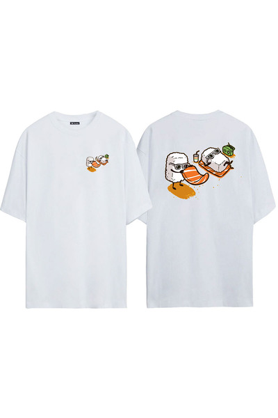 THEWERT Tricou supradimensionat alb cu imprimeu, unisex, sushi pentru plajă