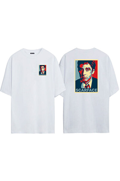 THEWERT Unisex Scarface Prednja i Zadnja Štampano Bela Oversize kroj T-shirt