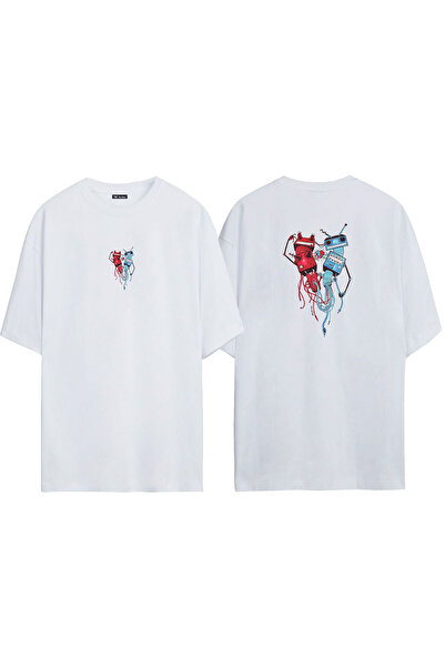 THEWERT Tricou supradimensionat alb cu imprimeu unisex cu decolteu cu artă