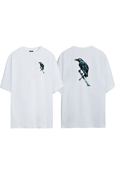 THEWERT Unisex Μπλε και Μαύρο Κοράκι Εικονογράφηση Μπροστινό Πίσω Τυπωμένο Λευκό Μπλουζάκι Oversize