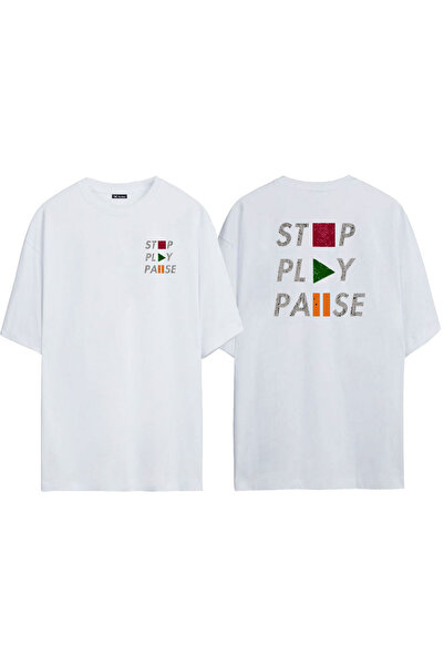 THEWERT Unisex Stop Igra Pauza Prednji Zadnji Štampano Beli Oversize kroj T-s...
