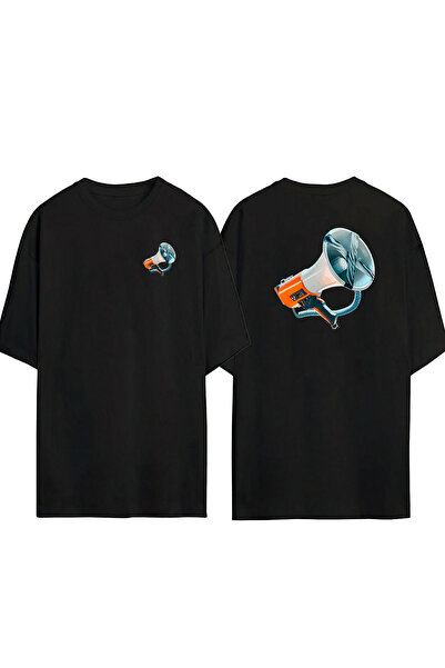 THEWERT Unisex megafon prednji zadnji Štampano crni Oversize kroj T-shirt