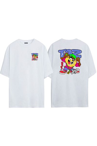 THEWERT Tricou supradimensionat alb cu imprimeu unisex Diavolul tasmanian față spate