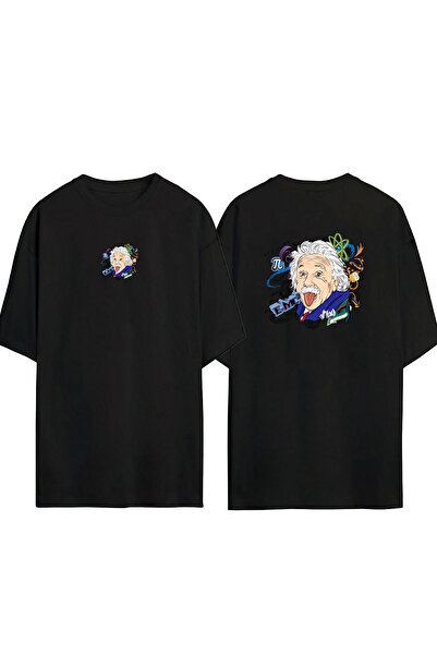 THEWERT Unisex Albert Einstein εικονογράφηση Μπροστά πίσω Τυπωμένο μαύρο μπλουζάκι Oversize