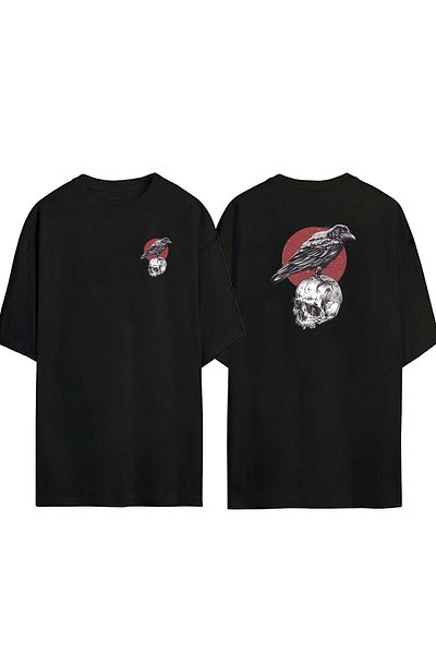 THEWERT Tricou negru unisex oversize - Imprimat Crow și Craniu