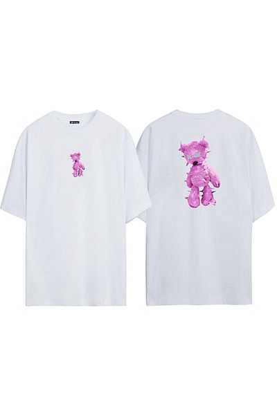 THEWERT Tricou alb oversize cu imprimeu unisex cu urs roz față în spate