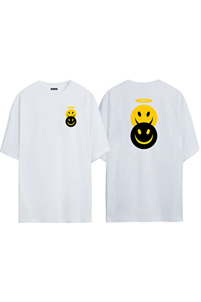 THEWERT Unisex anđeo i đavo prednja strana Štampano bela Oversize kroj T-shirt