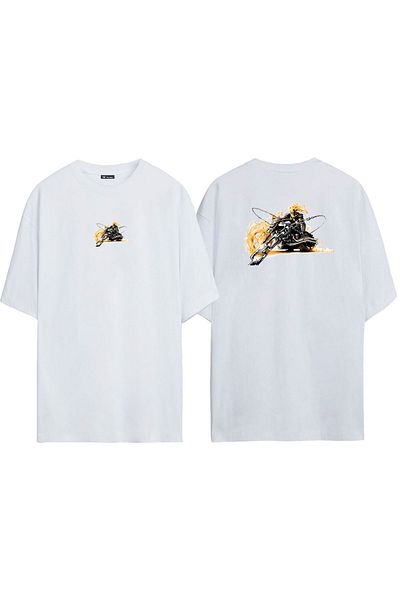THEWERT Unisex Marvel Ghost Rider Μοτοσικλέτα Ιππασίας Μπροστά πίσω Τυπωμένο λευκό μπλουζάκι Oversize