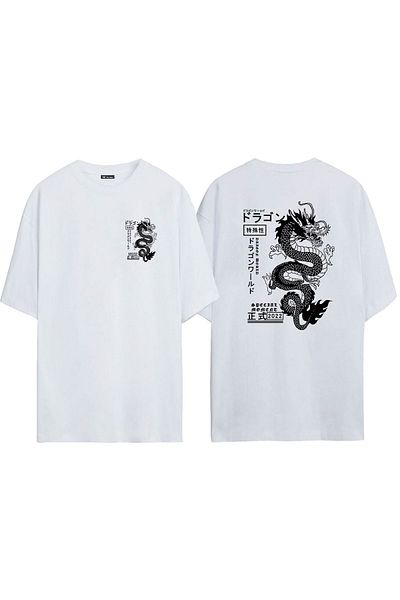 THEWERT Tricou alb oversize cu imprimeu unisex anime bărbați Dragon față spate
