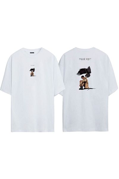 THEWERT Unisex Travis Scott εμπρός και πίσω με στάμπα λευκό μπλουζάκι Oversize