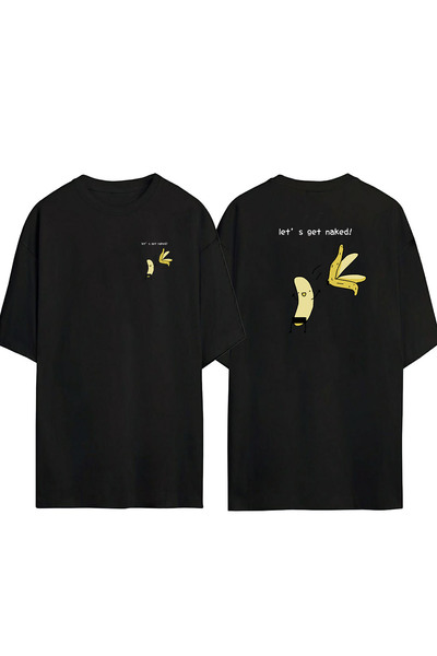 THEWERT تي شيرت أسود كبير الحجم مطبوع عليه "Let's Get Naked" من الأمام والخلف...