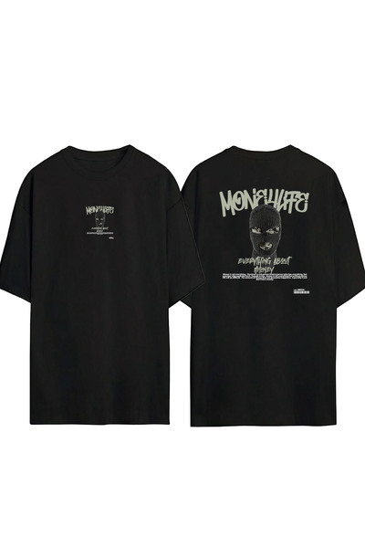 THEWERT Tricou oversize negru cu imprimeu, unisex, totul despre bani