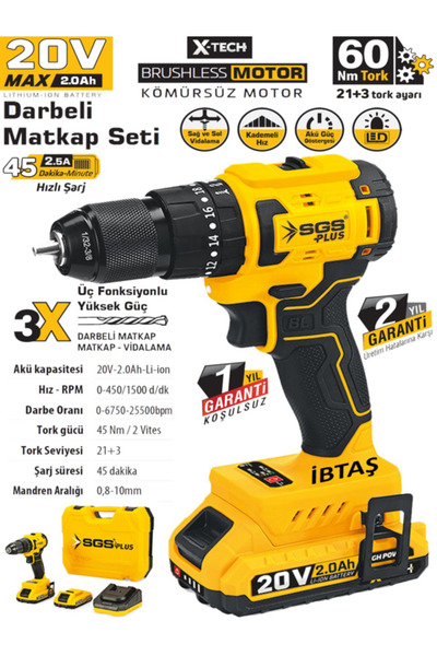 Genel Markalar 60 Nm Tork Profesyonel Darbeli 20 Volt 2 Amper Akülü Vidalama ...